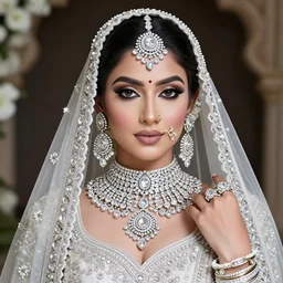 portrait of wonderful hindi princess of white diamonds with fair skin, white flowers, ornate with white diamonds, 8 k, gorgeous, intricate, detailed, glowing white accent lighting, dramatic lighting, octane render
