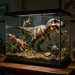 a terrarium of jurassic animals on a wooden table, an epic fantasy, dramatic lighting, cinematic, extremely high detail, photorealistic, cinematic lighting, artstation, by simon stalenhag, horizon forbidden west