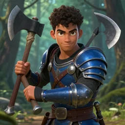 Picture of an teenager male warrior, baggy eyes, light bown iris, wielding an axe on each hand, short curly hair, stubble, light brown skin!, black shirt underneath armor, mixed leather armor, blue colored, smiling, in the forest, ready for combat, high fantasy, by WLOP, Genzoman, Sakimichan and Frank Franzzeta, trending on artstation, artstationHD, artstationHQ, good, octane, cgsociety, HD, extremely detailed, detailed face!, HD 16k