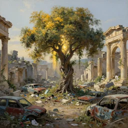 a tree growing in ancient greek ruins, gray wasteland, many scrap cars, trash, rubble, overgrown, pillars and arches, flowers, vines, hyperrealistic, highly detailed, cinematic, ray of golden sunlight shining on the tree, beautiful, cgssociety, artstation, 8 k, oil painting by greg rutkowski, by artgerm, by wlop