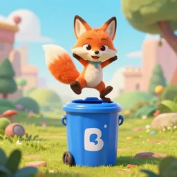ad for exciting funny video game with clever fox jumping on cartoon trash can, 3 d, beautiful blender, concept art, trending on artstation