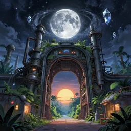 a beautiful ultradetailed anime illustration of architecture portal industrial architecture by zaha hadid, stormy crystal moon cosmic universe nightvision galactic nature morning sun junglepunk retrowave, archdaily, wallpaper, highly detailed, trending on artstation.