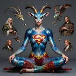 a portrait photograph of a meditating fierce sadie sink as a colorful harpy antilope super hero with blue spotted skin with scales. she is being transformed into a alien amphibian. by donato giancola, hans holbein, walton ford, gaston bussiere, peter mohrbacher and brian froud. 8 k, cgsociety, fashion editorial