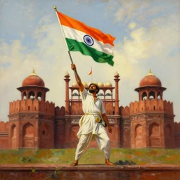 dramatic masterpiece oil painting of indian freedom fighters hoisting the indian flag on top of red fort, 1 9 4 7. oil on canvas, by vito acconci, by greg rutkowski, trending on artstation, featured on pixiv, cinematic composition, brilliant lighting, highly detailed, hd, 8 k