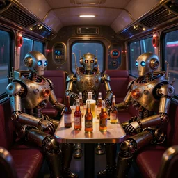 inside a luxury nightliner tourbus, 3 steampunk robots sitting in the bus, a table with many bottles of beer and wiskey, exaggerated detailed, unreal engine, subtle multicolored light, 3 5 mm lens