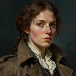 portrait of a rugged female sea captain in a trenchcoat, victorian, concept art, woman, detailed face, fantasy, close up face, highly detailed, cinematic lighting, digital art painting by greg rutkowski