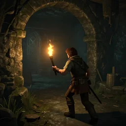 a man holds a torch and explores a Dungeon, luminous,Screenshot from a videogame