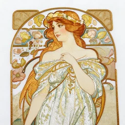 a beautiful handmade embroidery of a woman in the style of alphonse mucha. hand embroidery.
