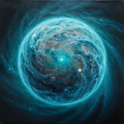 highly detailed artwork, dyson sphere, deep cyan background nebula, acrylic painting