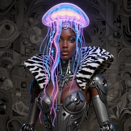 portrait of an absurdly beautiful, graceful, sophisticated, fashionable black cyberpunk mechanoid gravure idol, hyperdetailed illustration by irakli nadar, maria borges, matt wisniewski style, intricate linework, dark skin, neon jellyfish headdress, zebra ruff, unreal engine 5 highly rendered, global illumination, radiant light, detailed and intricate environment