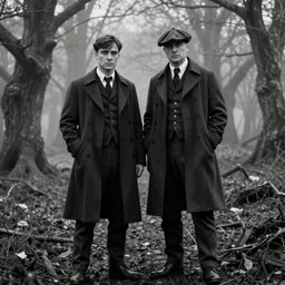 medium long shot, 3 / 4 shot, full body picture of cillian murphy and tom hardy posing, sharp eyes, serious expressions, detailed and symmetric faces, in the style of peaky blinders, detailed, black and white, misty woods, epic photo by talented photographer ansel adams