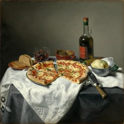 Dutch Still Life from the 1600s, old oil painting: Table with tablecloth and pizza slices, junk food