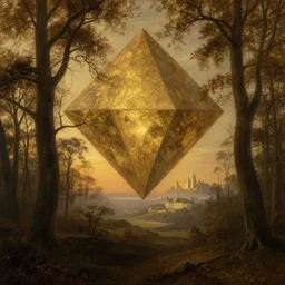 a diamond tree forest at sunset, there is golden castle off in the distance, highly detailed landscape painting by claude lorrain but as photography, golden hour, misty ominous atmosphere
