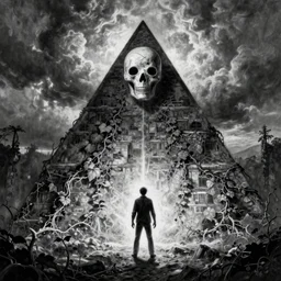 pyramidhead punishment, lean man, distant landscape covered in vines, black and white, carravaggio, horror