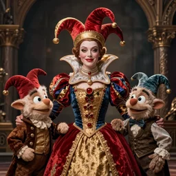detailed ultrarealistic photography medium shot of symmetric fantasy jester queen and furry muppet puppet leyendecker, norman rockwell, ian miller, artstation cinematic, vray game of thrones, lord of the rings, star wars