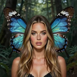full body portrait of a genetic mix of mila kunis and megan fox with two butterfly wings, ultra realistic. highly detailed face, digital painting, 8 k, forest background. artstation, ultra realistic. elegant, artstation, in the style of artgerm, donato giancola, joseph christian leyendecker, wlop and boris vallejo