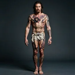 color studio photo of christian bale covered in jesus christ and cross christian tattoos, closeup, full body shot