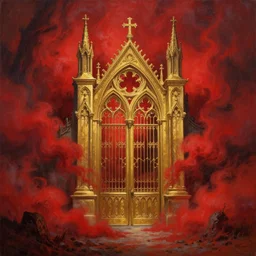 a painting of a golden!! gothic!!! gate!! surrounded by red smoke, a detailed matte painting by anato finnstark, trending on cgsociety, gothic art, hellish background, apocalypse landscape, matte drawing