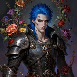 portrait of beautiful gothic young man, warhammer, cyberpunk, a lot of scars, more and more flowers, blue head, the middle ages, highly detailed, artstation, illustration, art by jean delville, 8 k quality, beksinski, bradley, otherworldly, andre le notre, psychedelic