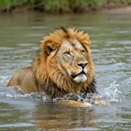 a swimming male lion in a river