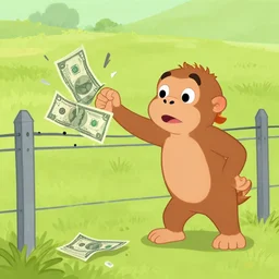 curious george the money being electrocuted by an electric fence, h. a. rey