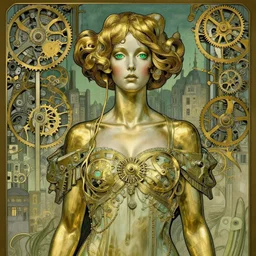 brass semi - mechanical woman, portrait, art nouveau dress, art by moebius and ilya kuvshinov, in clockwork cityscape, green eyes