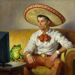 portrait of cristiano ronaldo wearing a sombrero on his head, sitted on the couch with a frog, watching television, oil on canvas by william sidney mount,