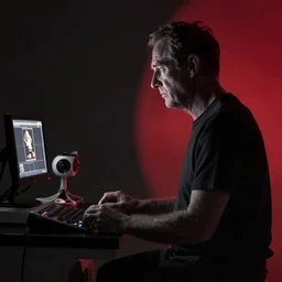a scene from the movie dead ringers with jeremy irons, cinematic lighting, black and red contrast, medical equipment