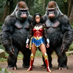 Full body photos of a beautiful Chimpanzee dressed as Wonder Woman posing with Gorilla Grodd. Hyperreal, Trending on Artstation photography in the style of Annie Leibovitz