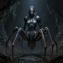 creepy matte painting of an armored woman with spider legs in a dark cave, ( ( spiderwoman ) ), human arms, ultra detailed, monster, human face, stan winston studios, creature design, concept art, dnd, dndbeyond, d & d, 8 k, moody lighting, muted colors, blue tone light, dramatic lighting realistically proportioned body, organic armor