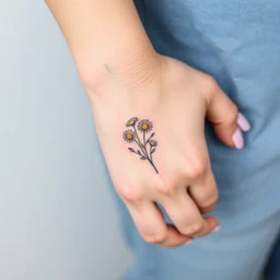 small tatoo of chamomile flowers, on wrist, arm, photograph