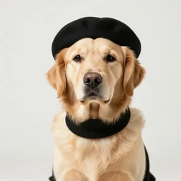 a golden retriever dog wearing a beret and black turtleneck