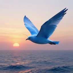a huge bird flying over the sea, insectoid, moth - like, with blue feathers, with antennae, mythical, ethereal, sunset, digital art