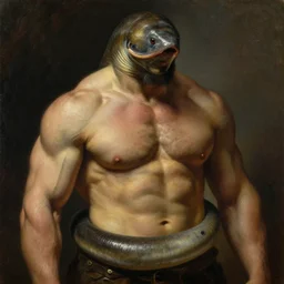 subject : muscular barbarian eel portrait, style : very detailed heavy textured rembrandt oil painting with dramatic light, very sharp detail