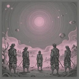 1975 a group of samurai fire glitchcore landscape, Precise and Intricate Linework, Art Nouveau Cosmic 4k Detailed Matte Illustration trending on IllustrationX ,CGSociety, Slate grey and Mauve color scheme, Pastiche by Stanisław Wyspiański, Pastiche by Pascal Blanché