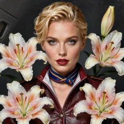 a beautiful fashion blond flight attendant, leather frank outfit, symmetrical, maximalist, lily frame, art by ilya kuvshinov, rossdraws, sharp focus, art by wlop and artgerm, extreme detail, detailed drawing, hyper detailed face