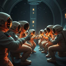 eleven cosmonauts playing amoung us, cinematic, elegant, intricate, 8 k