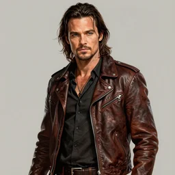 Russel Brand in sons of anarchy tv show, wearing leather, D&D style , highly detailed, digital art, trending on artstation, smooth, sharp focus, illustration, art by artgem and ROBERT HYNES