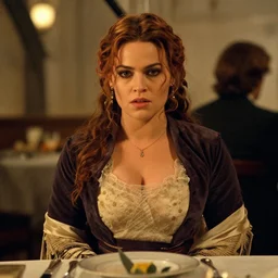 movie still of demi rose with a very big bust sitting at a table, titanic ship interior, directed by quintin tarantino