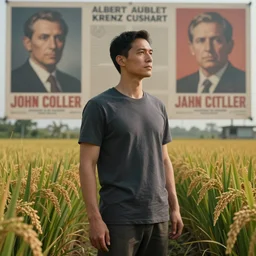 portrait of dictator methaverse, standing deep in a rice farm, looking into the distance, pcc propaganda poster, intricate, hyperdetailed, photorealistic, diffuse lighting, hdrp, artstation, unreal 5, smooth, textless, sharp focus, art by john collier, albert aublet, krenz cushart, zdzisław beksinski, arte