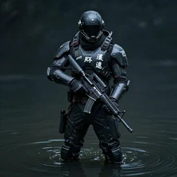 soldier standing in murky water dark. cyberpunk soldier helmet mecha armor black matte angular armor white Chinese writing. Holding AR-15 rifle black. Bladerunner 2049 ((Cyberpunk2077))