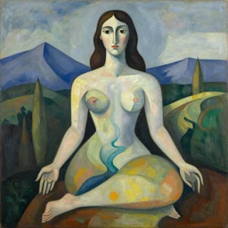 woman woman as the natural landscape, her curves form the mountains and rivers of this land, high quality art in the style of cubism and georgia o'keefe,