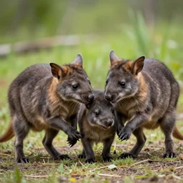 high quality nature documentary photograph of three thylacine puppies playing together