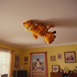 a strange Garfield crawls on the living room ceiling, film still from the movie directed by Wes Anderson with art direction by Zdzisław Beksiński, wide lens