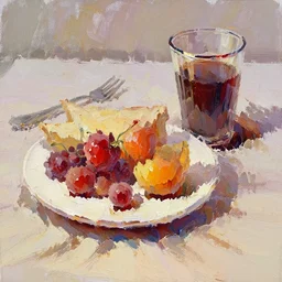 oil painting of breakfast with berries and coffee, glassware, thick strokes, vibrant, colorful, reflections, subsurface scattering, sharp edges