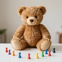 a brown teddy bear sitting at a table with colored pegs.