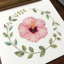 pressed hybiscus on paper floating puffy vines herbarium by watercolors iridescent 8 k wide angle realistic