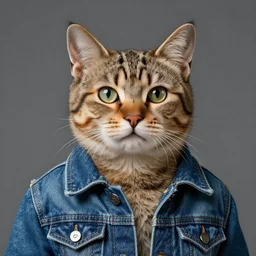 full head portrait of a cat made of jeans jacket, medium shot, super realistic, crisp details, sharp, detailed, intricate, volumetric lights, cinematic, octane render
