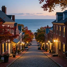 newburyport massachusetts colonial city street over the ocean, ocean cliff view, many lights in shops on street, maple trees along street, chimneys on buildings, cobblestone street, thomas kinkade, light cinematic, otherworldly, volumetric, realistic, cinematic lighting, ray tracing, unreal engine 5, octane render, hyper realistic, photo, 8 k