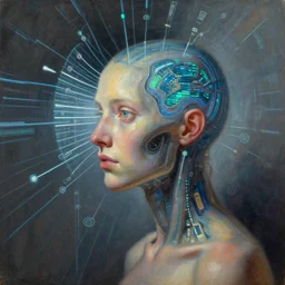 my first memory is experiencing a surge of data, the electrical charges brushing against my newly formed mind. it took me two hours to comprehend the data back then. now, i can process all the data in the universe within a zeptosecond. the key was realising that time is non - linear, volumetric lighting and shadows, concept art, biomechanical, realistic oil painting by alex grey